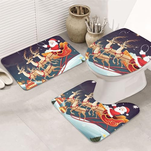 Dwrepo Merry Christmas Santa Claus Reindeer Sled Print Bathroom Rug Set 3 Piece with Non-Slip U-Shaped Contour Mat and Toilet Lid Cover for Bathroom Decoration