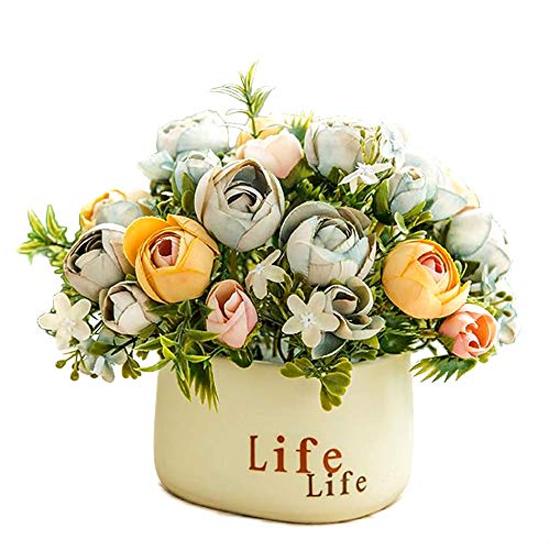 shuntaiwei Bouquet de fleurs artificielles en plastique avec vase inclus - Toucher réaliste - Pour la maison, le bureau, la cuisine, la maison ou la chambre à coucher Cover