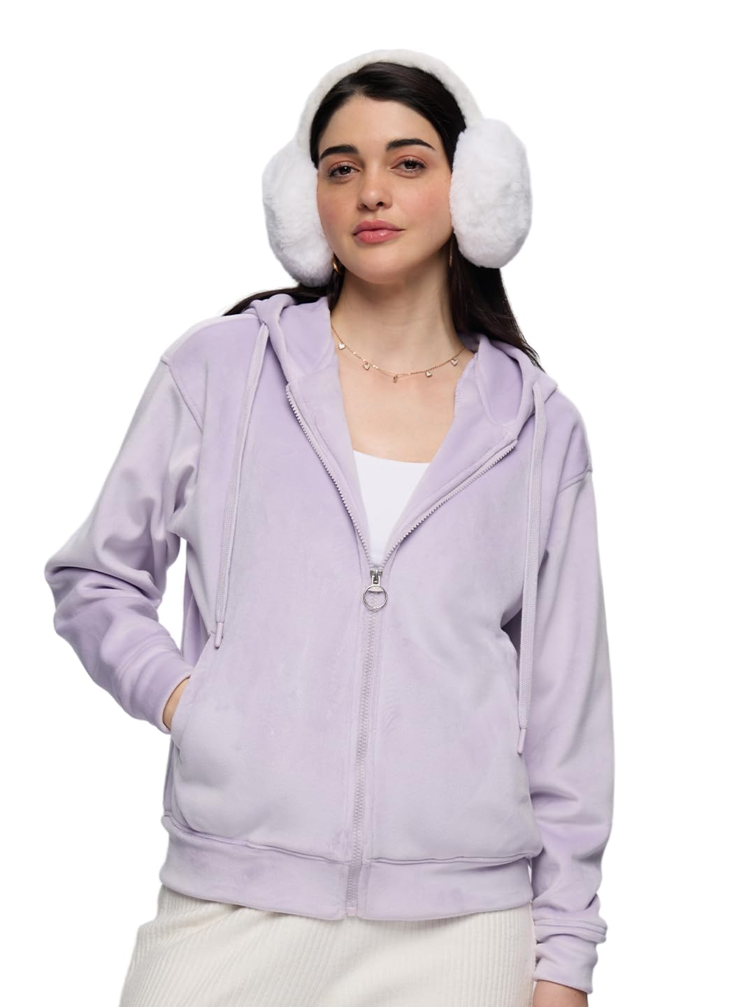 The Souled Store Velvet Mauve Women and Girls Long Sleeve Hooded Neck Solid Polyester Velvet Fabric Casual Everyday Winter Wear Zipper Oversized Hoodie in mauve