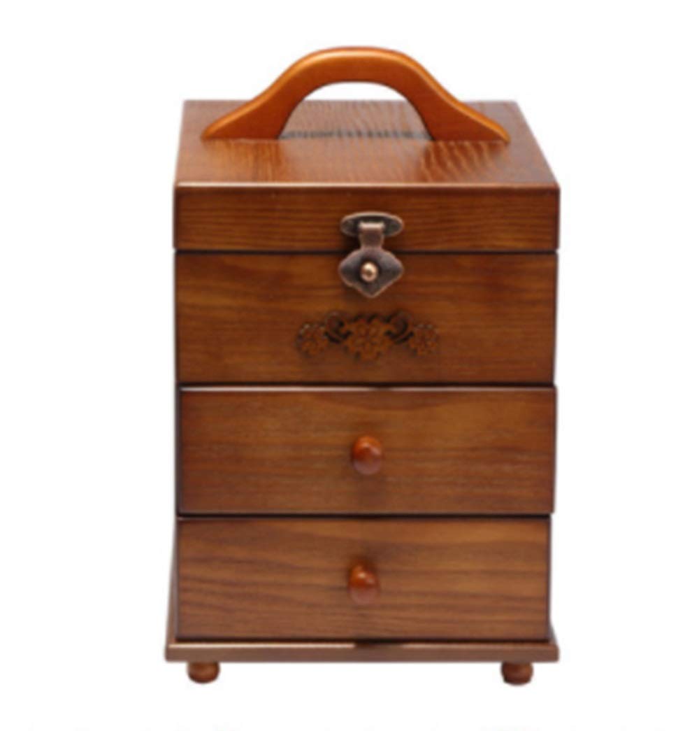 Boîte de maquillage en bois multi-couche anti-poussière avec miroir pour rangement bijoux