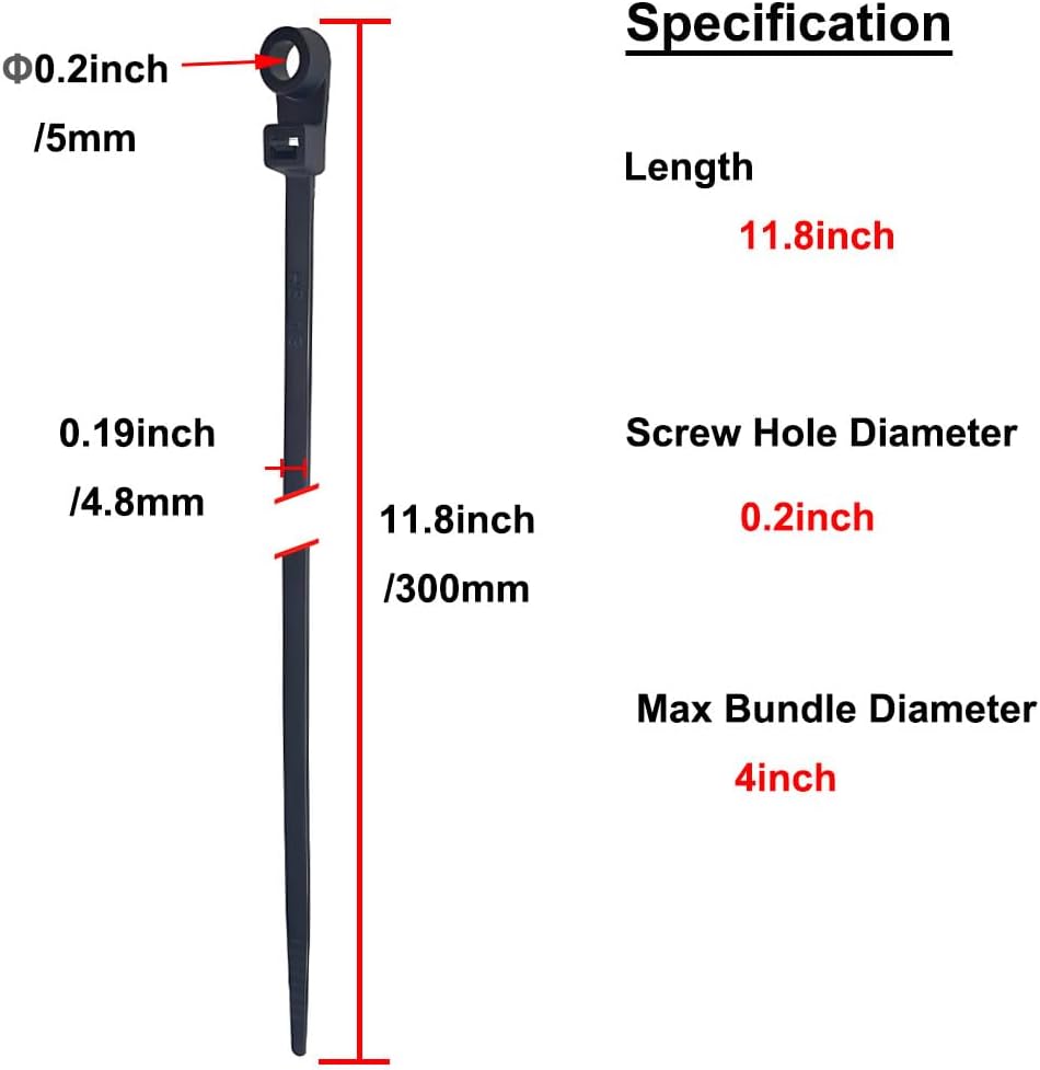 HS Heavy Duty Cable Ties with Screw Holes (100 Pack) 11.8 Inch Mounting Head Electrical Zip Ties 50 LBS,UV Black