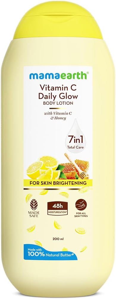 Mamaearth Vitamin C Daily Glow Body Lotion For Skin Brightening with Vitamin C & Honey 200ml | Nourishes Dry Skin | 48 H Moisturization | 100% Natural Butter | Non-Greasy Smooth Skin | All Skin Types