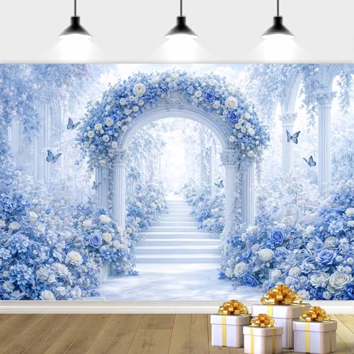 8X6ft Floral Photography Backdrop, Dreamlike Wedding Portrait Photo Background Romantic Blue Flowers Backdrop, Baby Bridal Shower Wedding Birthday Party Background Banner Decor, Blue-2