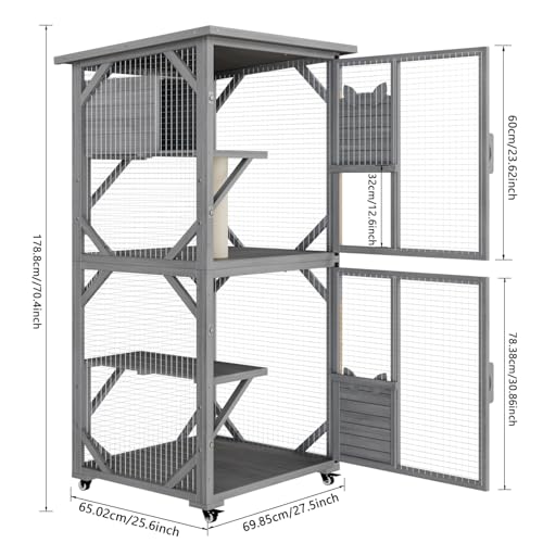 OFIKA Outdoor Catio Cat Enclosure with Waterproof Roof,Platforms,Upgraded Resting Box, 70.4’’cat Houses & Condos on Wheels for Outdoor Patio,Cat Window Box,Scratching Post(Grey0)