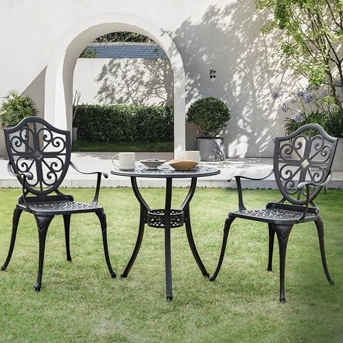 Image of NUU GARDEN 3 Piece Outdoor Bistro Set All Weather Cast Aluminum Patio Set Bistro Table Set Rustproof Patio Table and Chairs with Umbrella Hole for Backyard, Balcony, Front Porch, Black