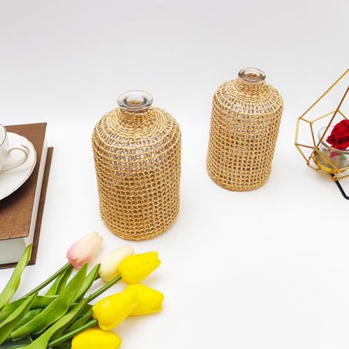 Vase à fleurs en verre et paille rustique de table - 5