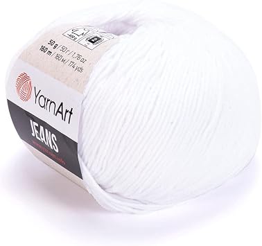 Yarn Art 3 Ball Skein YarnArt Jeans Yarn, 55% Cotton 45% Polyacrylic, Total 5.28 Oz. Each 1.76 Oz 50g/160 m 174 yds, Yarn Weight 2 Fine-Sport White - 62, 3 Pack