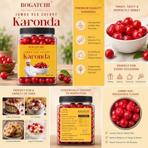 Image of BOGATCHI Jumbo Red Cherry Karonda for Cake Decoration, Ice Creams, Shakes & Desserts | Big Juicy Cherry Toppings for Baking, Garnishing & Sweets | Delicious, Tasty & Ready to Use | 200g