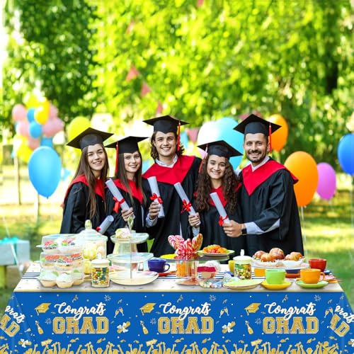 Image of chiazllta Set of 3 Graduation Tablecloths Class of 2026 Congrats Grad Blue Graduation Party Tablecover Decorations Party Supplies Large Size Plastic 54 inchx108 inch(Blue & Gold)