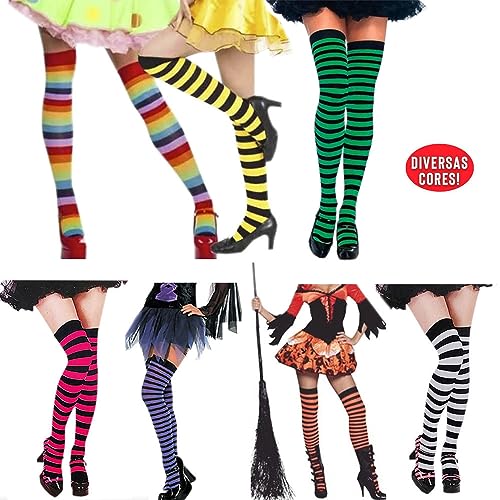 Meia 7/8 Longa Listrada Adulto: Festa Fantasia Cosplay Dança Halloween (Branco)