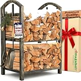 Amagabeli Kaminholzregal Innen Brennholzregal mit 4 Kaminwerkzeug 74x40x30cm Kaminholzständer für Innen und Außen Kaminholzhalter Holzregal für Kamin Kaminofen Besteck Schmiedeeisen Bronze