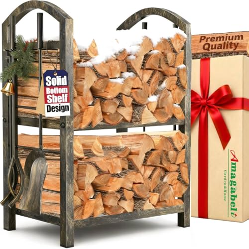 Amagabeli Portalegna da ardere con set di attrezzi Portalegna da interno Camino da esterno impilabile Stufa in ferro battuto Cesto grande per tronchi Accessori Vintage Bronze