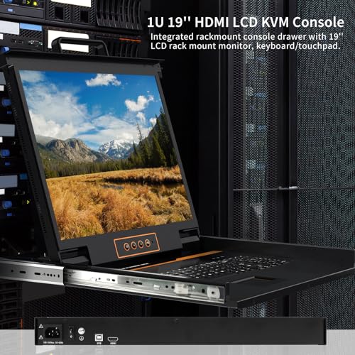 Image of 1U Rack Mount KVM Console-19'' Rackmount Monitor Keyboard and Single Port HDMI KVM, 50,000 MTBF,1280X1024 60Hz,17.6x19.9x1.67 Inches(WXDXH),Fit 1U 19'' Rack, 1 USB HDMI Cable,1 Power Cord, 4 Brackets