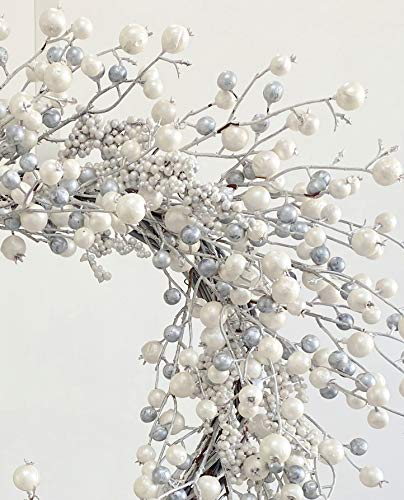 Huashen 24 Inch Summer Front Door Wreath Summer Berry Wreath Metallic Effect Pearl White & Silver Berry Christmas Wreaths For Front Door Wall Window Hanging Christmas Decoration Home Décor #TOP2
