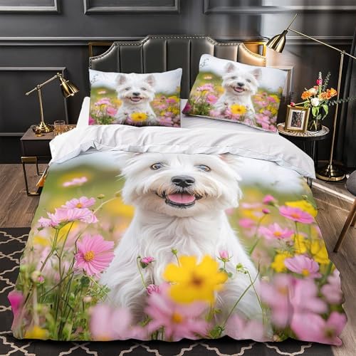 Housse de couette chien blanc 3D en microfibre douce pour lit double