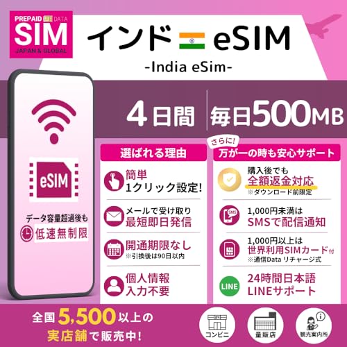 [ �C���heSIM ] �I�����C���ŒZ�������s�i���[�����j�b�I�ׂ�e�ʁE�����b�����pOK�b���S24���ԓ��{��T�|�[�g�b�ᑬ�������t�� (4Days-Daily 500MB)