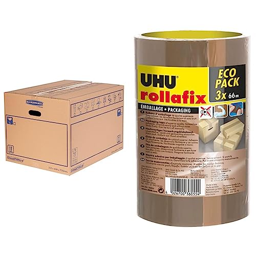 Caisses de déménagement Fellowes 100L et rubans UHU Rollafix bruns