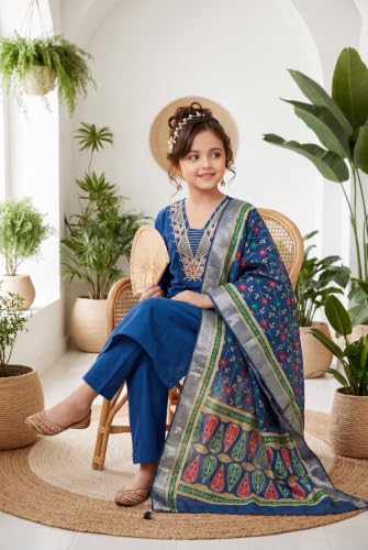 Image of Girls Cotton Blend Embroidered Kurta Pant with Printed Banarasi Style Dupatta Set | Festive Ethnic Wear for Kids | Traditional Suit Set for Girls (4-14Years)