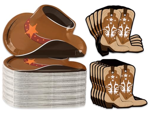 Whaline 90Pcs Western Cowboy Tableware Set Brown Cowboy Hat Plates Boot Napkins Cow Print Wild West Theme for 40 Guests Birthday Baby Shower Bachelorette Rodeo Party Supplies