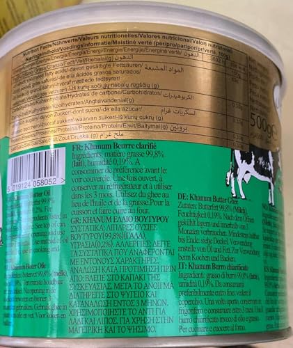 Khanum Reines Butterfett Ghee 2 x 500g – Hochwertiges Butterfett zum Braten, Kochen & Backen | Perfekt zum Frittieren, hoher Rauchpunkt, ohne Zusatzstoffe mit Kajal-Aufkleber