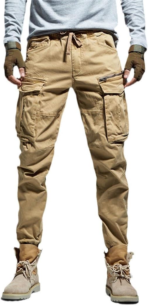 Men's Ankle-Length Denim Jogger Pants, Winter Thick Cotton Cargo Trousers with Pockets, Elastic Waist Tactical Style
