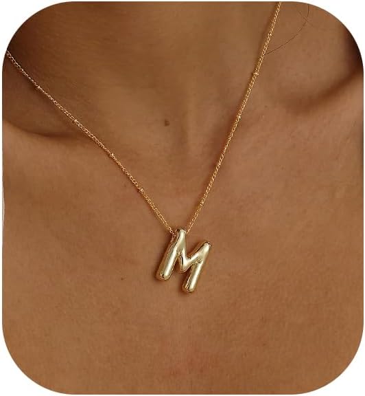Ewrkbrㅤ Initial Necklaces for Women, 14k Gold Plated Bubble Letter Necklace Chunky Gold Necklace Dainty Charm Initial Necklaces for Women Trendy Custom Preppy Stocking Stuff Necklace Christmas Gifts