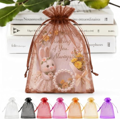 Image of ANZNKU 50 Pack Brown Organza Bags 5x7 In, Small Mesh Gift Bags Bulk with Drawstring for Jewelry Candy Sachet Soap, Goodie Pouches for Wedding Baby Bridal Shower & Birthday Party Favors