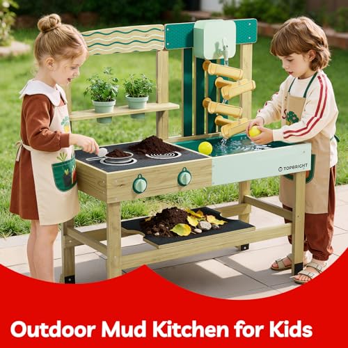 Image of TOP BRIGHT 4 in 1 Mud Kitchen for Kids, Outdoor Playhouse for Water Play | Sand Play, Cooking & Gardening Playset with Accessories, Sensory Table Set, Backyard Pretend Play Toy for Boys Girls Ages 3
