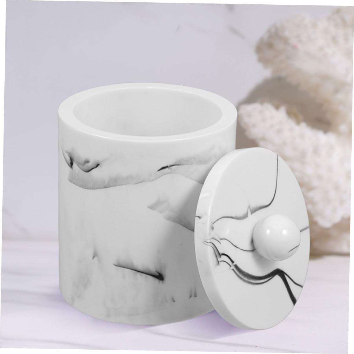2pcs Marble Pattern Cotton Swab Holder Lid Compact Makeup Organizer for Cosmetic Pads and Toothpicks Elegant Storage Box for Home and Bathroom Use
