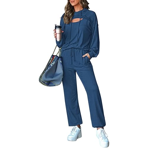 Pink Queen Womens 2 Piece Sweatsuit Outfits Long Sleeve Cutout Hoodies and Drawstring Pants Tracksuit Lounge Set with Pockets