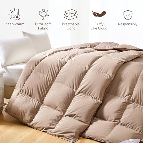 SNOWMAN Premium Down Comforter Palatial King Size, Luxurious All Season Duvet Insert with Cotton Blended Fabric, 53oz Fill Weight 3D Baffle Box Design Hotel Bedding Comforter (Khaki,120"x98")