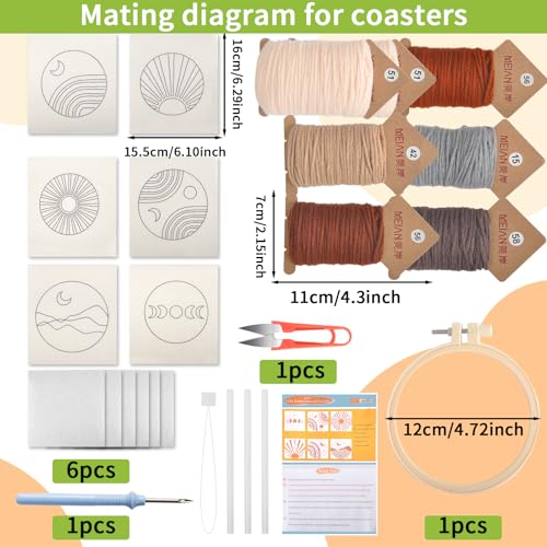 Image of Punch Needle Coasters Kit, Punch Needle Embroidery Kit for Beginners and Adults Car Coasters DIY Rug Drink Coasters with Adhesive Felt Yarns Hoop Tools DIY Needle Punch Craft (A2-Boho) (Boho-6 Sets)