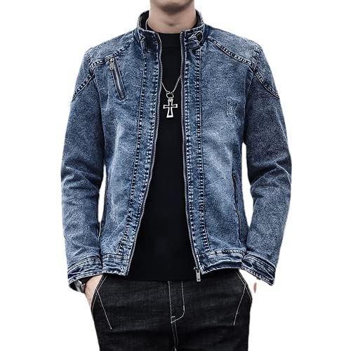 Washed Distressed Denim Fleece Jacket for Men Casual Zip up Stand Collar Faux Fur Lined Trucker Jacket