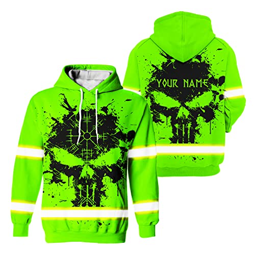 Matedecor Safety Hoodie Green Neon Skull Viking Symbol Customize Name High Visibility Hoodie for Men Reflective Hoodie Hi Vis Hoodie Workwear for Runners, Walkers, Trucker, Operator, Patriotic-5XL