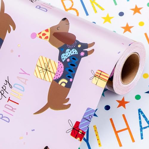 Wikadlik Geburtstags-Geschenkpapier 43 cm x 10 m niedlicher Hundeballon-Thema Alles Gute zum Geburtstag-Schriftzug rosa Geschenkpapier