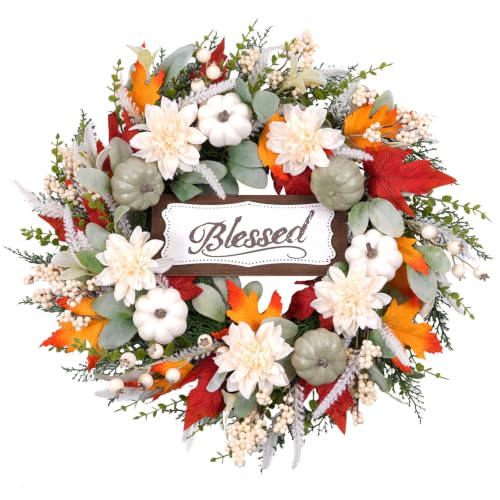 Idyllic 24" Fall Wreath Pumpkins Dahlias Blessed Wood Sign for Front Door by idyllic - Used condition - US$26.55