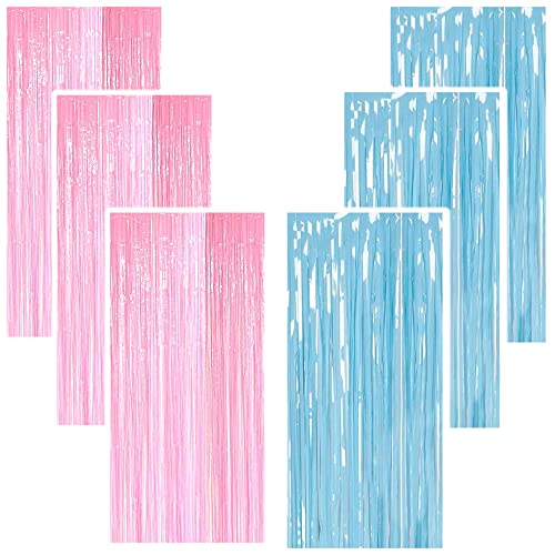 Image of 6 Pieces Foil Fringe Tinsel Party Curtains for Photo Backdrop (Pastel-Blue-Pink)