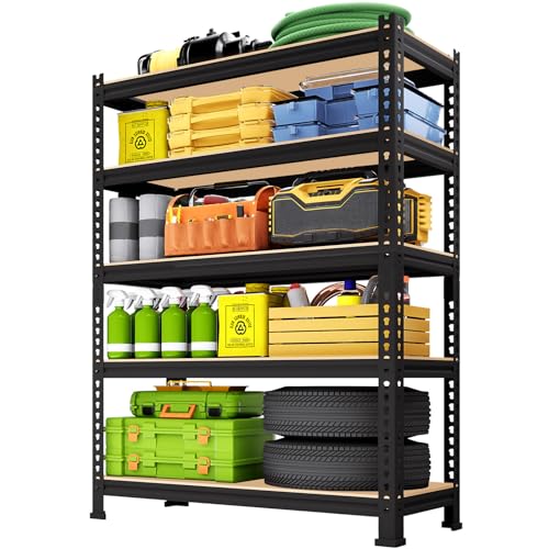 5-Tier-Metal-Storage-Shelves-Heavy-Duty-Garage-Shelving-Adjustable-Shelves-for-Storage-Black-Utility-Rack-Shelf-for-Pantry-Warehouse-Closet-Office-Kitchen-28-W-x-12-D-x-59-H 5-Tier Metal Storage Shelves: Heavy Duty Garage Shelving Adjustable Shelves for Storage - Black Utility Rack Shelf for Pantry, Warehouse, Closet, Office, Kitchen, 28" W x 12" D x 59" H - Image 1