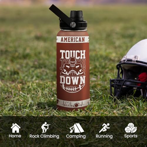 Image of SANDJEST Football Water Bottle with Lid - 32oz Insulated Stainless Steel Sport Bottle - Gifts for Men Football Players Lovers Men