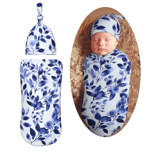 Image of Watercolor Navy Blue Leaf Swaddle Blanket with Beanie Hat Set Newborn Swaddle Wrap Soft Baby Receiving Blankets Baby Swaddle Blanket for Baby Boys and Girls