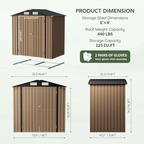 Image of 4x6FT Outdoor Metal Storage Shed with Frame Floor,Double Doors,with Frame Floor,Tool Shed for Garden, Patio, Backyard Brown