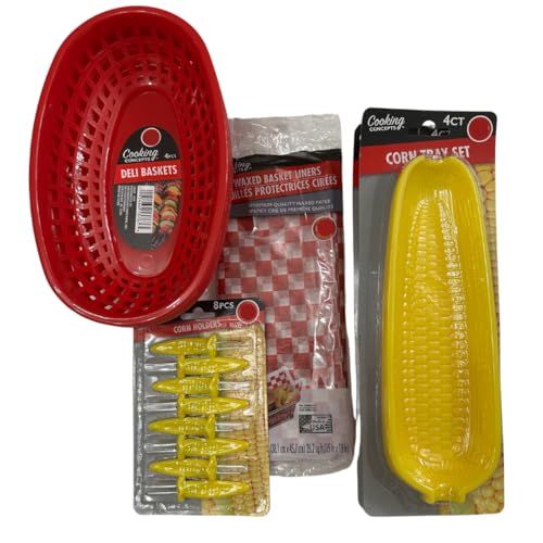 BBQ Cookout Serving Kit – 8 Red Food Baskets, Waxed Liners, 8 Corn Holders, 8 Corn Trays – 32+ Piece Summer Grill Set