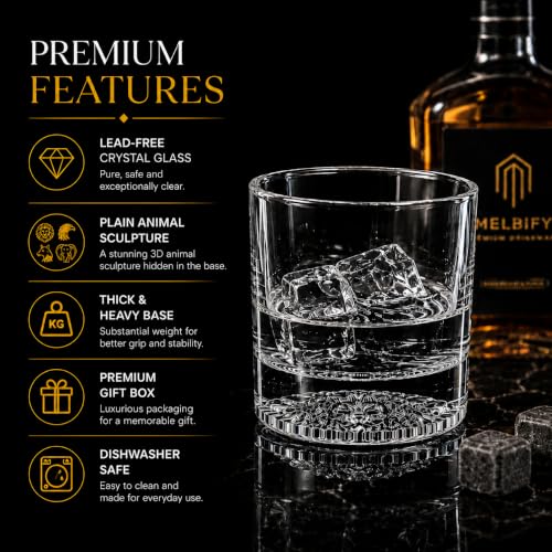 Image of Melbify Plain Animal Whiskey Glass Set | 300 ml | 6 Pc | Whisky Glass with Lion, Eagle, Elephant, Wolf, Bear & Owl Base Design | Heavy Bottom Drinking Glasses | Premium Gift Box