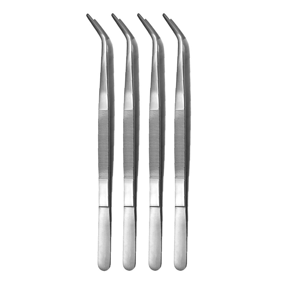 May - Zestaw – 4 x uniwersalna pęseta 35 cm – pęseta domowa – wygięta – okrągła końcówka – obrębiona wewnątrz – stal nierdzewna