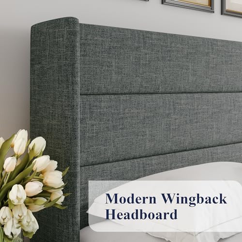 image for Allewie Full Size Lift Up Storage Bed, Modern Wingback Headboard, Hydr