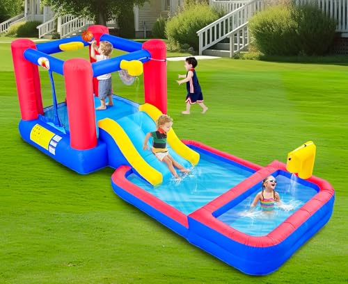WELLFUNTIME Inflatable Bounce House with Water Sprayers, Water Slides Park with Blower, Dartboard, Basketball Hoop, Deep Pool - Thumbnail 7