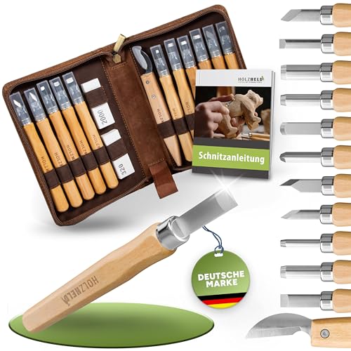 HOLZHELD Set di attrezzi da intaglio (16 pezzi) in custodia in pelle di alta qualità. Set da intaglio con coltelli da intaglio di alta qualità per intaglio, istruzioni incluse (lingua italiana non