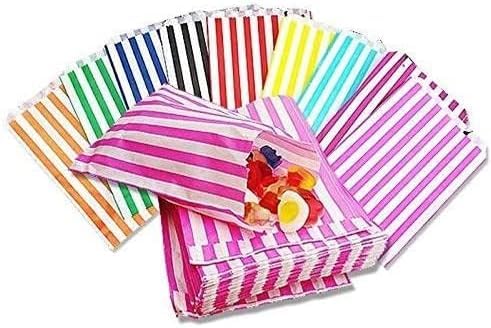 100 Mixed/Assorted Colours 5" x 7" Striped Candy Sweet Paper Bags | Wedding Buffet Favour Cake Gift Pick n Mix Shop | Premium Quality UK Made