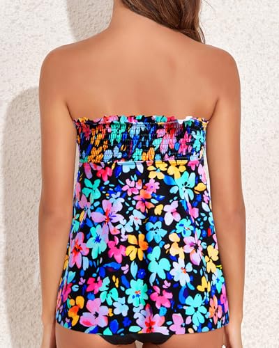 Image of Womens Tankini Swim Tops Bandeau Bathing Suit Top No Bottom | Removable Straps and Pads, Tummy Control Flowy Design
