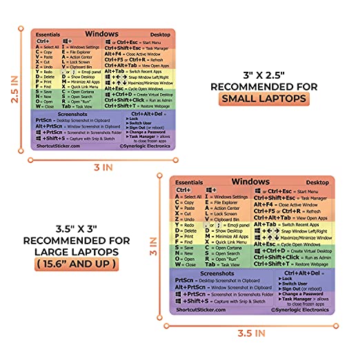 SYNERLOGIC (1 Set) Windows + Word/Excel (for Windows) Quick Reference Shortcut Guide Stickers, No-Residue Vinyl (Rainbow/Small/Combo)